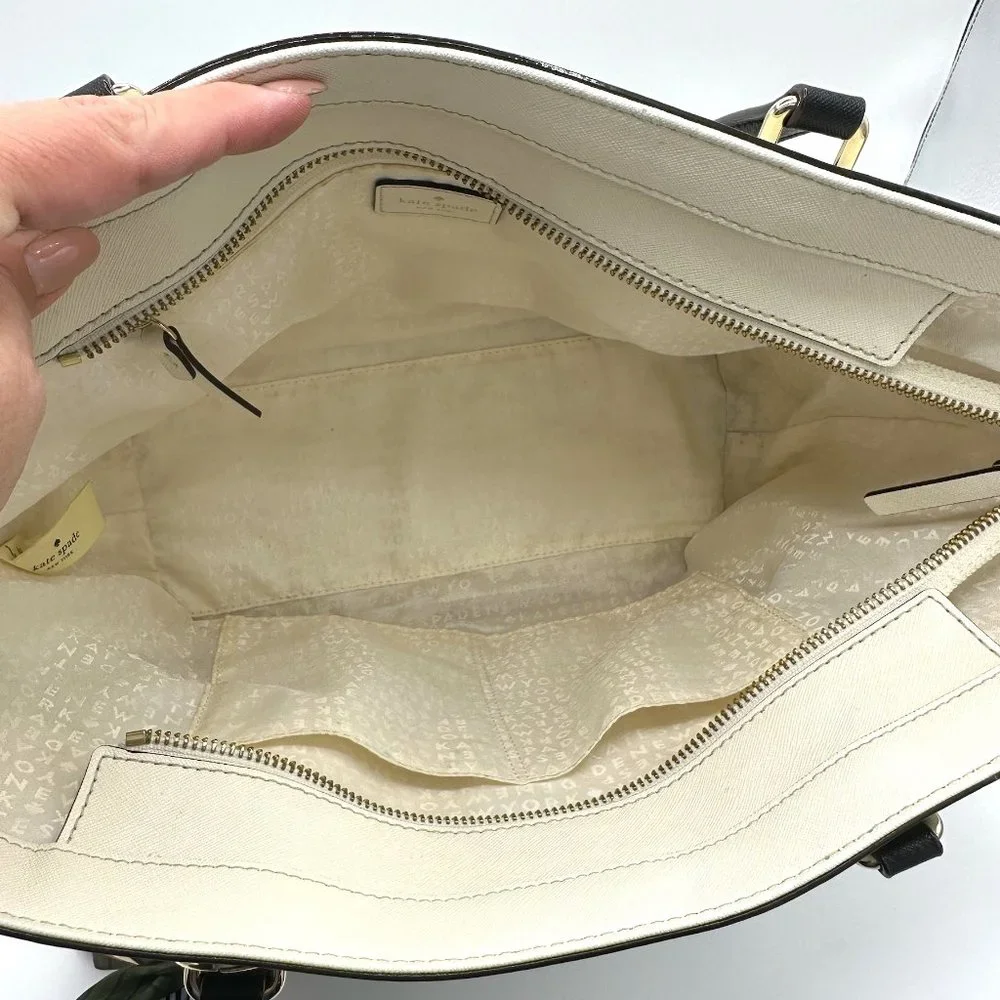 EUC Kate Spade Beige/Ivory/Black Colorblock Zip-Top Leather Tote + Bag Charm - Picture 15 of 16